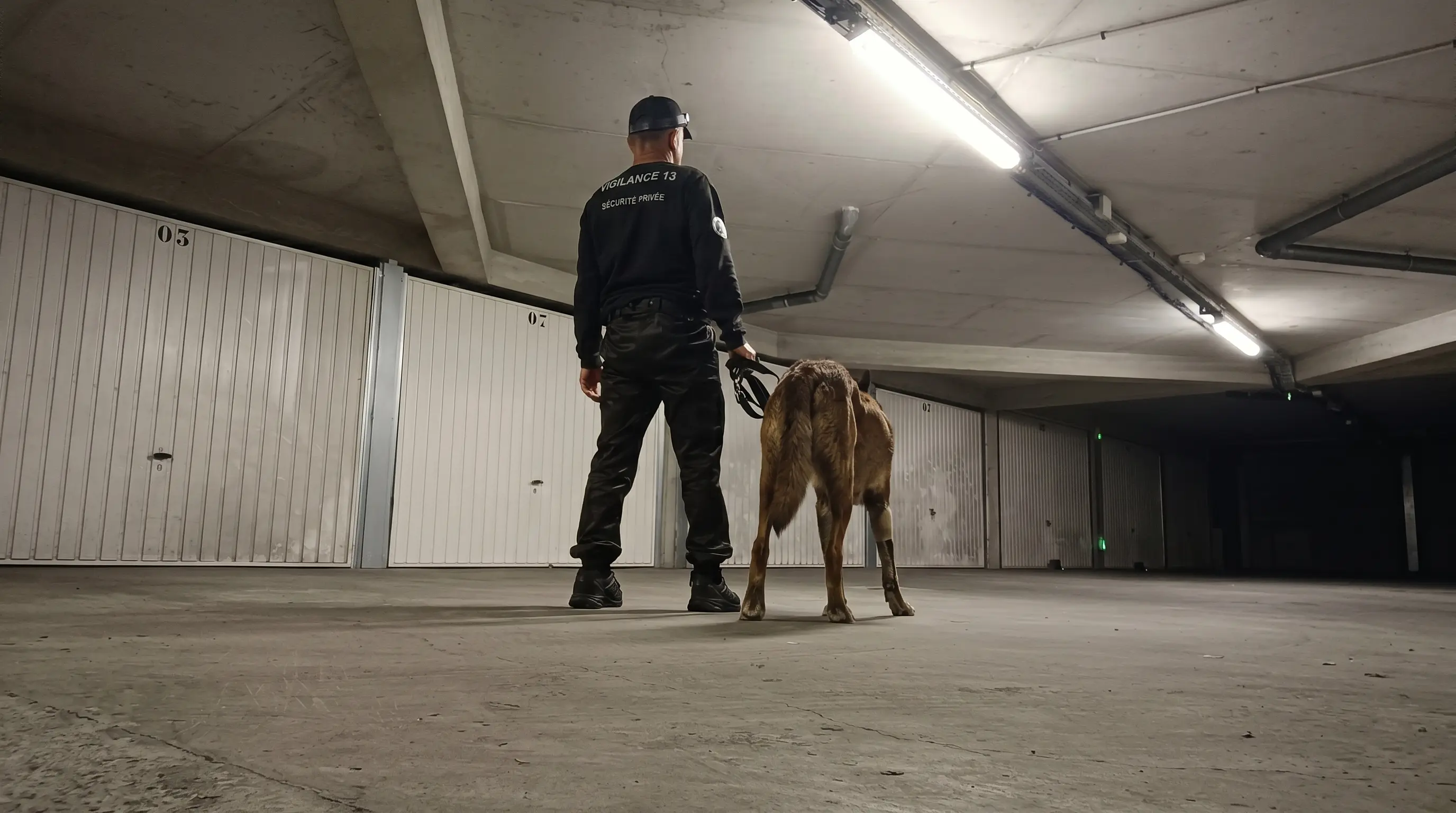 Agent cynophile Vigilance 13 en patrouille avec son chien dans le parking souterrain d'une résidence à Marseille 8e
